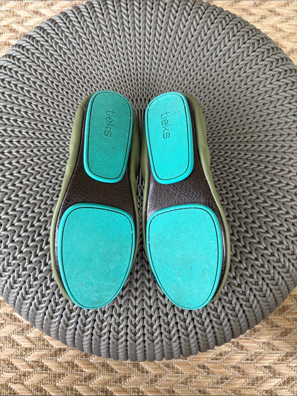 Tieks Olive Green Leather Ballet Flats with Turquoise Soles - Picture 6 of 6